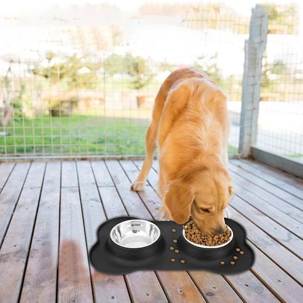 Skridsikker dobbelt hundeskål med silikonepude holdbar rustfrit stål foderautomat kæledyr fodring hund kat drikkeskål blå