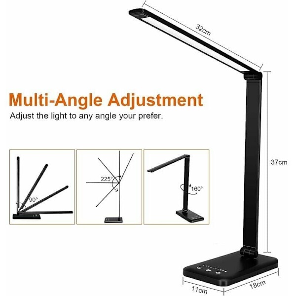 LED-pöytälamppu, himmennettävä pöytälamppu 10 kirkkausasteella ja 5 väritilalla, silmien suojaava kosketusohjaus, USB-portti/aika-asetus, taitettava/kääntyvä