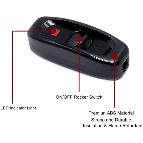 2 st Svarta Lampsladdar med Inbyggd Strömbrytare 250V 10A Mellanbrytare med LED-Indikatorlampa In-Line Sladdbrytare för Sänglampa Bordlampa Strömförsörjning