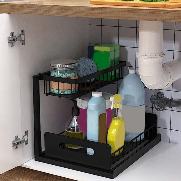 Diskhoorganiserare, Multi-Use 2 Tier Glidande Skåpsorganiserare för Under Köksho Organiserare och Förvaring