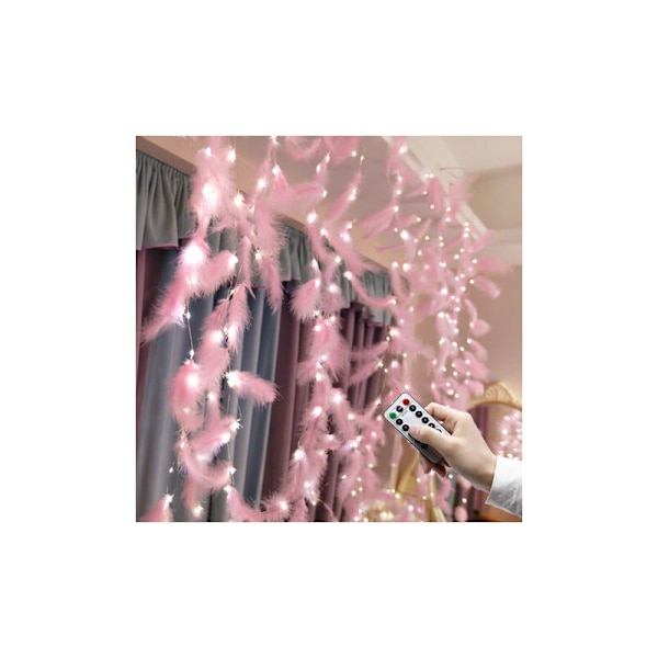 300 LED Rosa Fjäder Fairy String Lights med 8 Ljuslägen Fjärrkontroll Romantisk Vägg Gardin Dekoration för Bröllop Födelsedagsfest Sovrum Inomhus