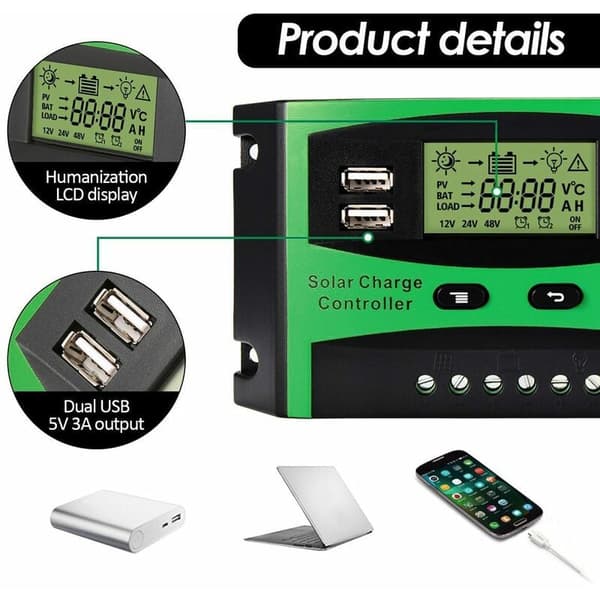 30A Solcelle Controller 12V 24V LCD Funktion Dobbelt USB Udgang 5VDC Solcelle Panel Batteri Laderegulator