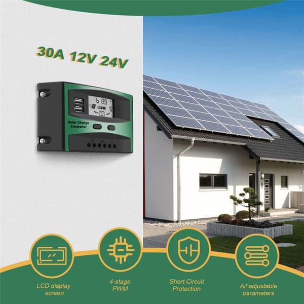 30A Solcellelader 12V 24V LCD-funksjon Dobbel USB-utgang 5VDC Solcellepanel Batteriladingsregulator