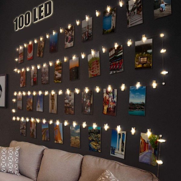 LED-fotoklämmor ljusslinga för rumsdekoration, 10M 100LED ljusslinga med 50 klämmor för vardagsrum, jul, bröllop