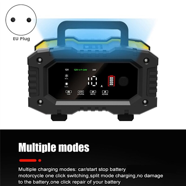 12V24V Fullautomatisk 10A Intelligent Lader Motorsykkel Bilbatteri Bærbar Høy Effekt for Lading EU-plugg