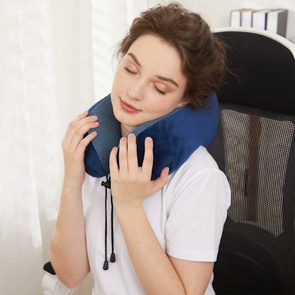 Rejsepude, Memory Foam Nakkepude, Hovedstøtte, Søvn, Hvile, Fly, Bil og Hjem, Blød Pude (Mørkeblå)