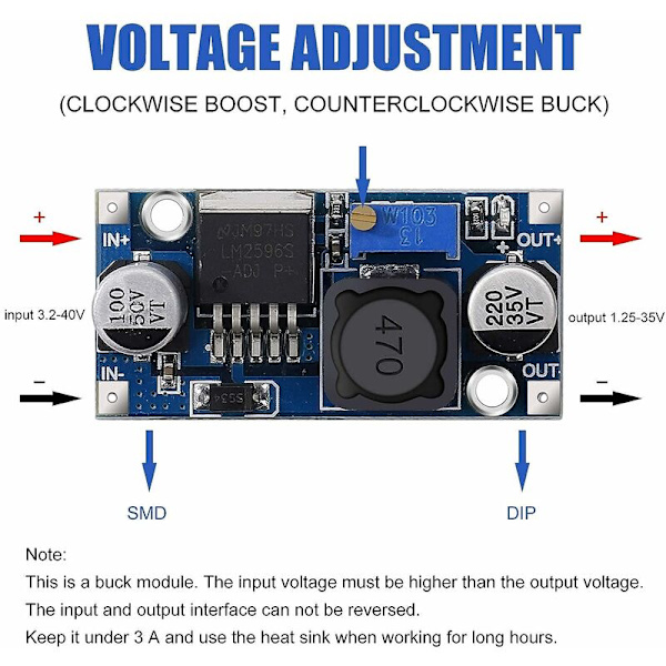 DC-DC Step Down Converter LM2596 Buck Converter 3.2-40V till 1.25-35V Justerbar Strömförsörjningsmodul 6 st