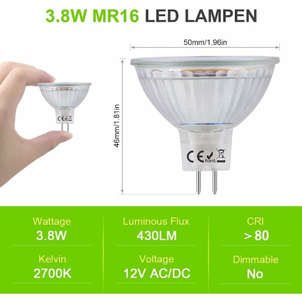MR16 LED-spotlightlampor GU5.3-sockel Varmvitt 2700K, 3,8W motsvarande 40W halogen, LED-spotlight GU5.3 12V Icke-dimmbar 430 Lumen MR16 LED-lampa, Paket