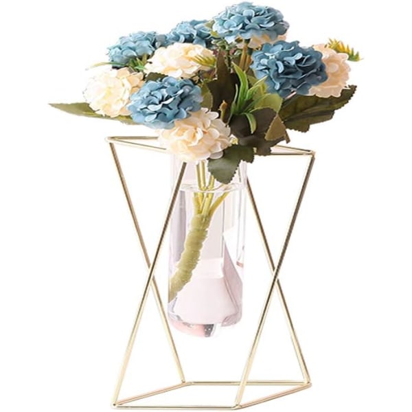 Glasvas med metallställ, modern geometrisk bordskruka i glas, lämplig för hydroponiska inomhusväxter (guld, storlek S)