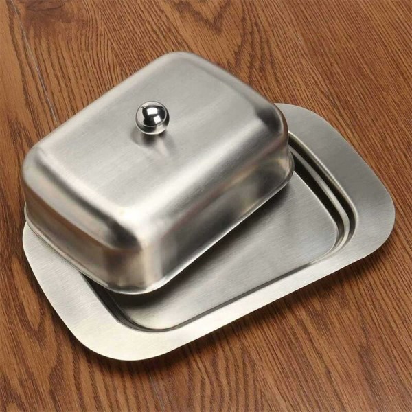 Smørboks i rustfritt stål, smørboks i metall med lokk, smørklokke smørboks smørkjøler smørboks sølv, 12,2 x 18,5 x 6,8 cm-
