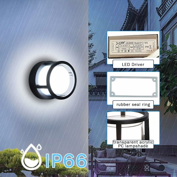 LED-ulkoseinävalaisin 12W vedenpitävä IP65 pyöreä alumiininen ulkoseinävalaisin pihalle, puutarhaan, terassille, lähelle seinää, polulle, terassille, huvilalle, käytävään (C