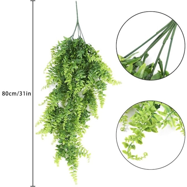 2-pack 80 cm Hängande Plastväxter, Persiska Löv Gröna Konstgjorda Växter för Utomhus Trädgård Väggdekor Bröllop Hemma, Plast, Grön