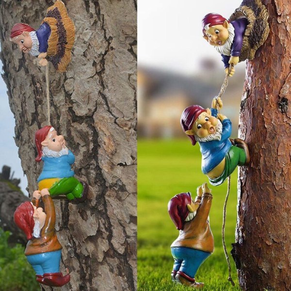 Naughty Climbing Rope Fairy Garden Gnomes Statue, Resin Garden Outdoor Decoration Accessories for Tree