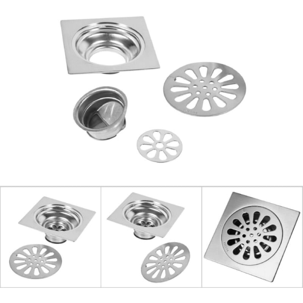 Paksunnettu ruostumattomasta teräksestä valmistettu lattiakaivo, neliönmuotoinen, hajunsuodatin, kylpyhuoneen viemäri, suihkuoven kansi (tyyppi 3)