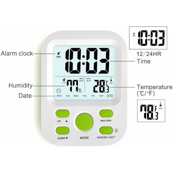 Digital väckarklocka med snooze och sömntimer, 12 timmar/24 timmar, bakgrundsbelyst display, automatisk fuktighets- och temperaturjustering. (Grön)
