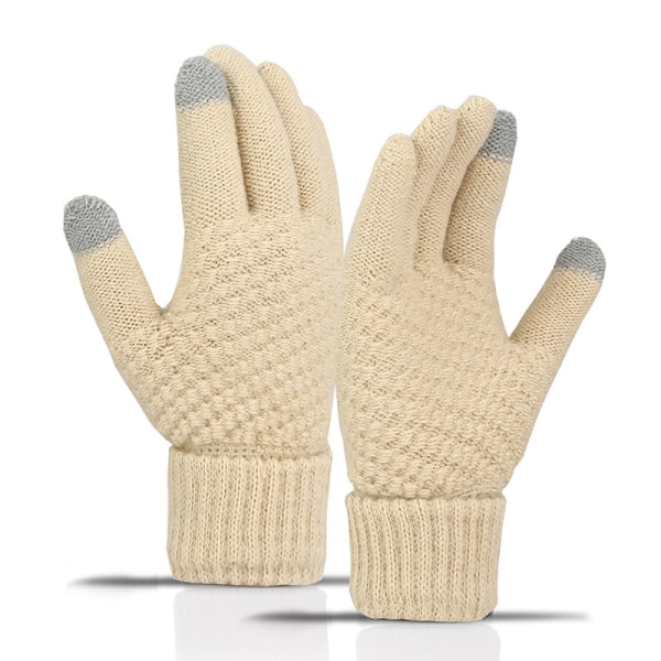 Vinterhandskar varma ullstickade handskar plus sammet och förtjockad koreansk stil kalltålig söta varma handskar med pekskärm för cykling (beige)