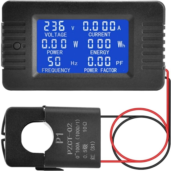 LCD Digital Amperemeter Voltmeter AC 80-260V 100A, 6-i-1 Strømmåler Solcellepanel Husholdningsstrømmåler, Åpen Energimåler CT Strømmåler