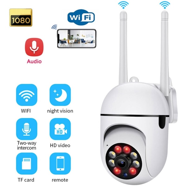 Udendørs sikkerhedskamera, 1080P HD WiFi sikkerhedskamera nattesyn 2-vejs stemmeintercom fjernmonitorering kamera