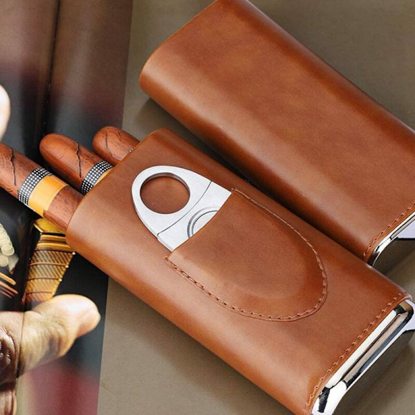 3X Högkvalitativ 3-Fingers Bärbar Cigarrhumidifier Brun Lädercigarrfodral med Cigarrklippare