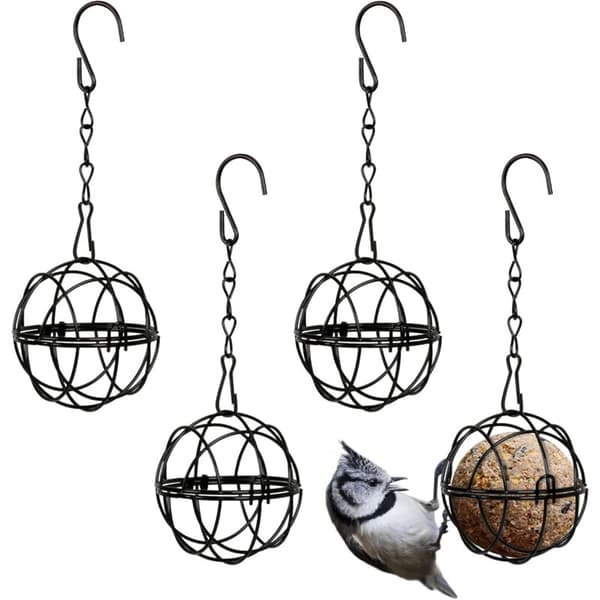 4 stk. hængende fuglefoderautomater i metal til fedtkugler til fugle - til indendørs og udendørs brug - sort - 7 cm i diameter - foderdispenser