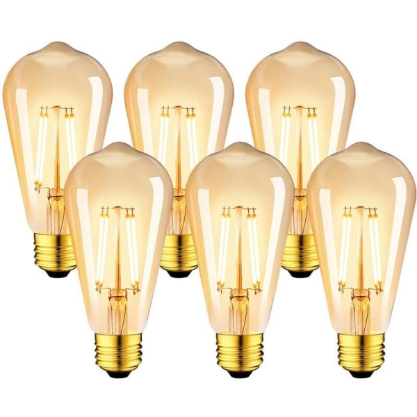 Sæt med 6 6W Edison Vintage E27 LED-pærer - ST64 2200K Varmhvid glødetrådspære - Svarer til 48W glødepære,