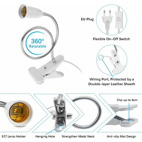 E27 Clip-on pæreholder med afbryder, LED bordlampefod med 360 graders svanehals, Clip-on lampefod med 1,8 m kabel, til planter, akvarier, bord,