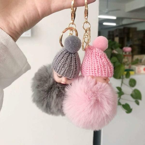 Nyckelring söt sömn fluffig bebis hårboll plysch nyckelring kupoler handväska sovande babydocka nyckelring mini nyckelring bil docka plysch supermjuk 2 stycken
