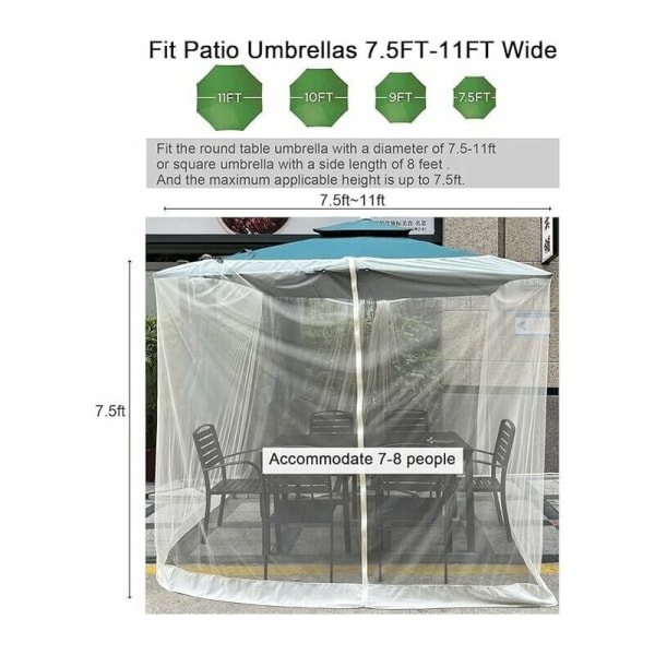 Myggnetting for 7,5-11ft/300x230 terrasseparasoll, polyester mesh paraplyskjerm, universell paraplymyggnetting med glidelås og justerbar