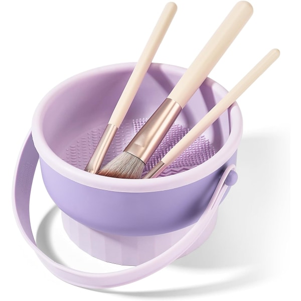 Meikkisiveltimen puhdistustyyny 3-in-1 taitettava meikkiharjan puhdistusaine silikoni-meikkisiveltimen säilytyskulho, jossa kaulanauha kuivaamaan meikkisieni (violetti)