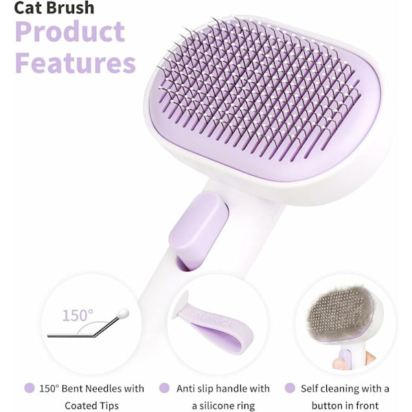 Børste til katte og hunde, selvrensende kattebørste til korthårede og langhårede katte og hunde i One-Touch design, fjerner effektivt op til 95% af dødt hår