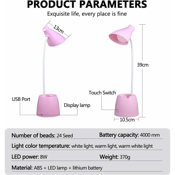 LED-pöytävalaisin, pöytävalaisimet 3 valaistustilalla ja portaattomalla himmennyksellä, 360° joustava hansikaula pöytävalaisin kynätelineellä ja matkapuhelintelineellä (vaaleanpunainen)