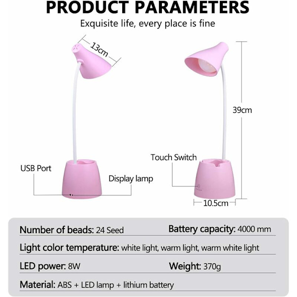 LED-pöytävalaisin, pöytävalaisimet 3 valaistustilalla ja portaattomalla himmennyksellä, 360° joustava hansikaula pöytävalaisin kynätelineellä ja matkapuhelintelineellä (vaaleanpunainen)