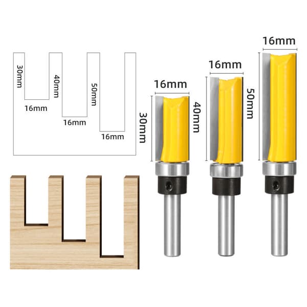 3 stk 8mm skaft flush trimmekutter, trimmekutter kopikutter med topplager, trebearbeidingsfreser -