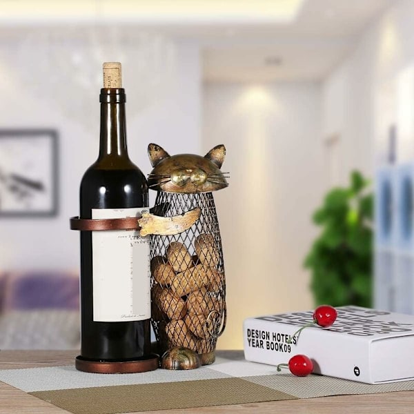 Vinställ för katt i kork, vinflaskhållare, köksbar, metall, vinhantverk, julklapp, hantverk, djur, vinställ