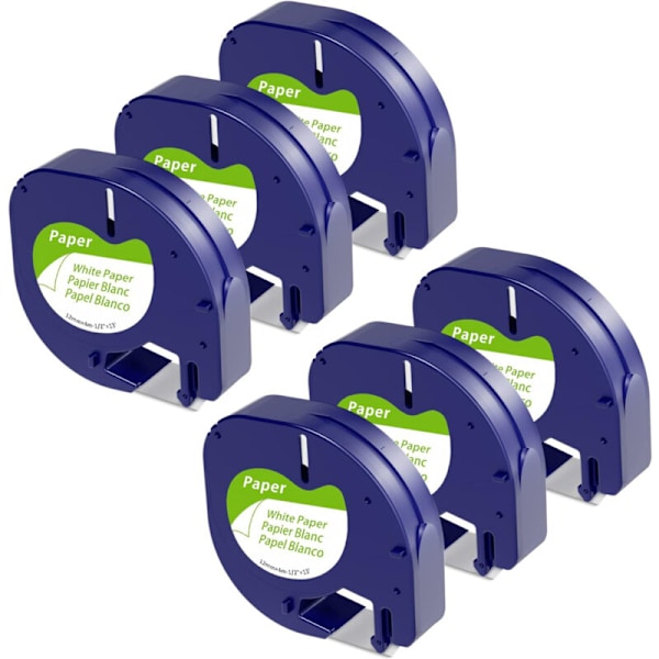 Pakke med 6 kompatible DYMO LetraTag papirsbånd 91331 Sort på hvid, refill til Dymo Letratag etiketmaskine