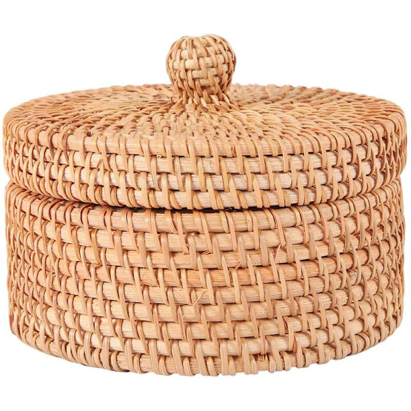 Käsinkudottu rottinkinen säilytyslaatikko kannella Wicker Tea Food Container Picnic Fruit Cake Basket Kitchen Organizer B
