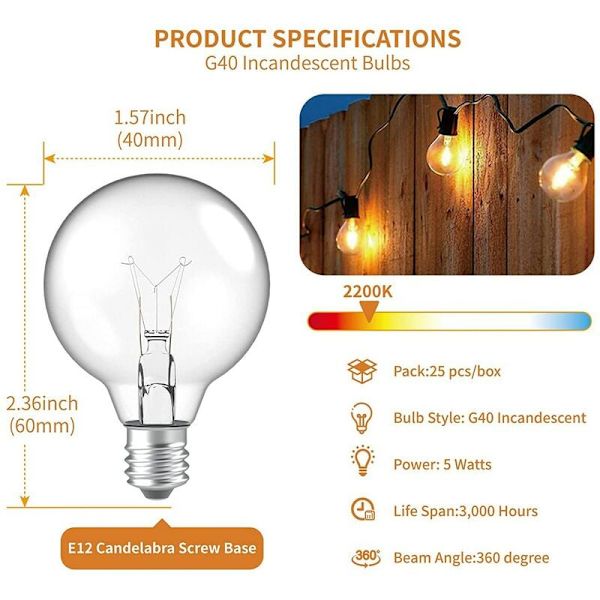 25 st G40-serie ersättningslampor E12 Candelabra skruvbas LED Globe-lampor för inomhus- och utomhusljusslingor Varmvit