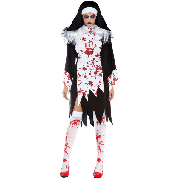 Zombie-blodfläckad nunnadräkt Halloweendräkt som passar för att spela rollen som en blodfläckad zombie-nunnnadräkt (inklusive strumpor)