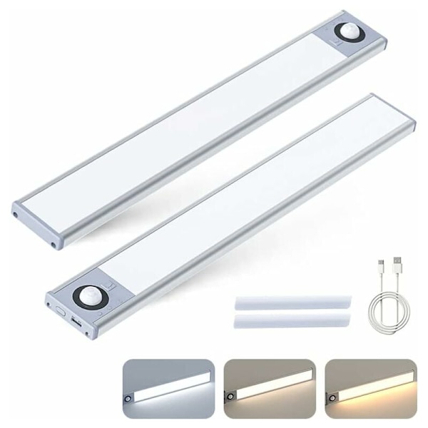 CGD-T054 Skaplys med bevegelsessensor, 2-pakning LED-lys under enhet, Kjøkkenskapbelysning, USB-oppladbart batteri, Lampe for skap, trapper,