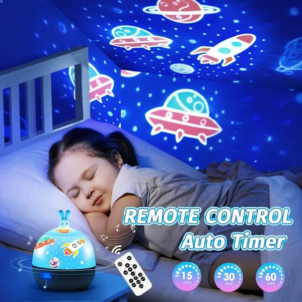 Baby Natlampe Stjernehimmel Projektor, Bluetooth Musik og Lysende Natlampe, 360° Rotation Fjernbetjent Genopladelig Børnenatlampe