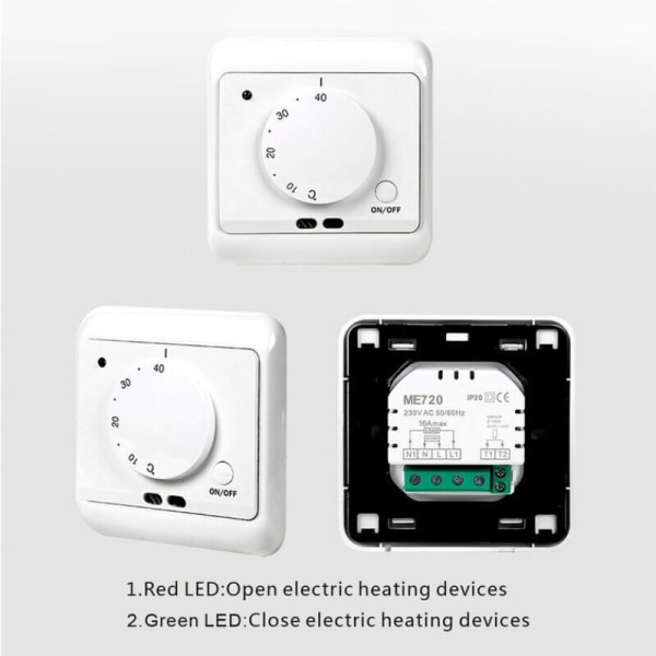 Icke-programmerbar mekanisk manuell termostat 230V rumstemperaturregulator golvvärme termostater med frostskyddsfunktion 5-40°C, vit