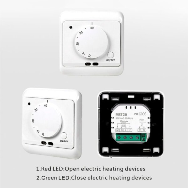 Ikke-programmerbar mekanisk manuell termostat 230V romtemperaturregulator gulvvarme termostater med frostvæskefunksjon 5-40°C, hvit