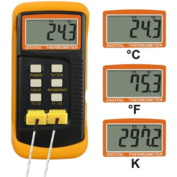 K-typ digital termometer för termoelement (-50-1300°C) med två kanaler 4 sonder bärbar hög temperatur