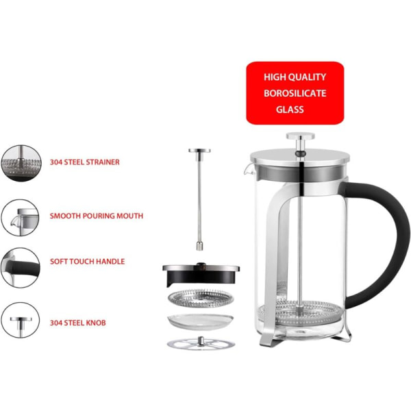 Fransk kaffepresse med filter 350 ml (12 oz) Kaffeepresse, Fransk presse kaffemaskin. Høy kvalitet Borosilikatglass. 304 (18/10) rustfritt stålfilter