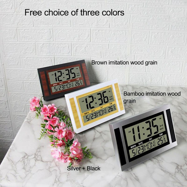 LCD Digital Väggklocka Stora Siffror Tid Temperatur Kalender Alarm Bordsklocka Modern Design Kontor Silver