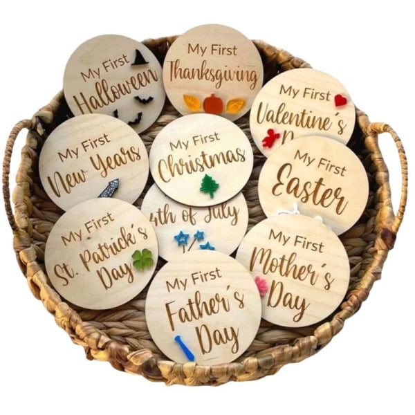 10 Pcs Holiday Milestone Cards Decoration Set Rustic Wooden Month Signs Ornaments Newborn Photography Prop B