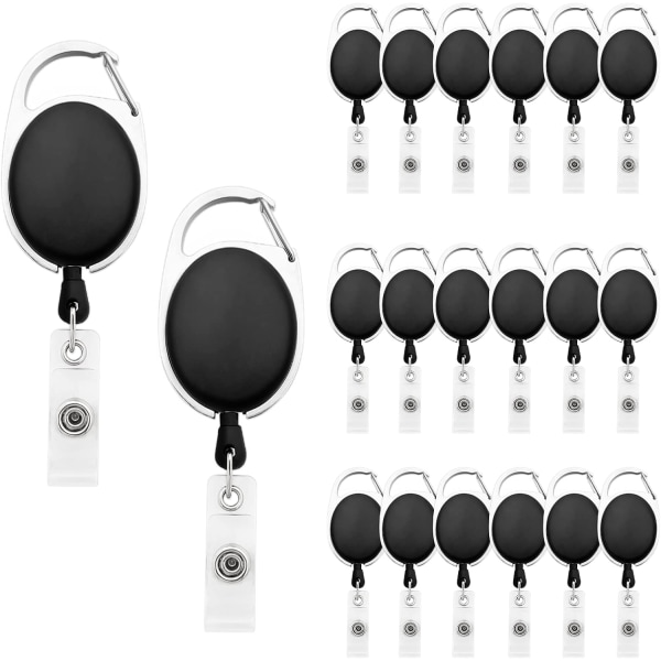 20 ST Karbinhakebricka, indragbar ID-rulle, infällbar ID-hållare, bältesklämma med nycklar, ID-kort (svart)