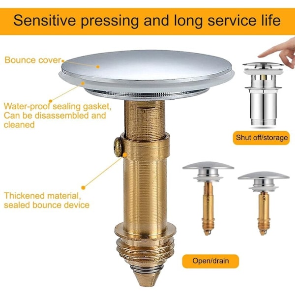 Pop-Up Click-Clac Aftapning 69mm til Badeværelsesvask, Køkkenvask, Badeværelsesvask, Forkromet Massiv Messingprop
