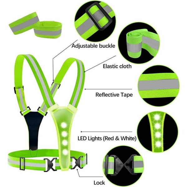 LED sikkerhedsvest, elastisk og justerbar - Refleksvest med LED-belysning og 2 reflekslister til jogging, vandreture eller cykling på nig