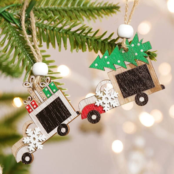 12 stk. juletreheng i tre med julemotiv - julenissen, snømannen, bilmønster - DIY-hjemmedekor til julefesten, D